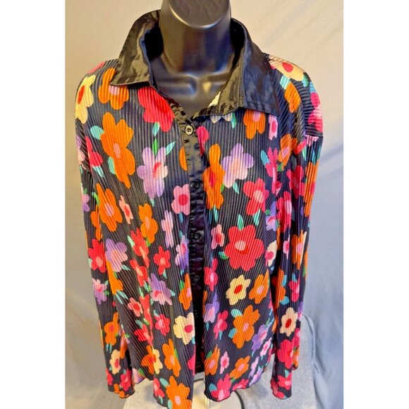 Flower Power Hippie Boho Shirt 70s Vibes Black Floral Button Up Size XL 14/16 - Picture 1 of 2